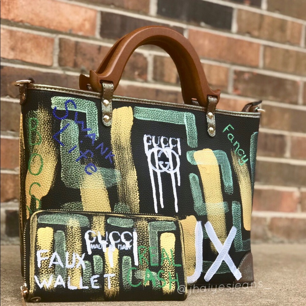Custom Hand painted Handbag AND Matching Wallet